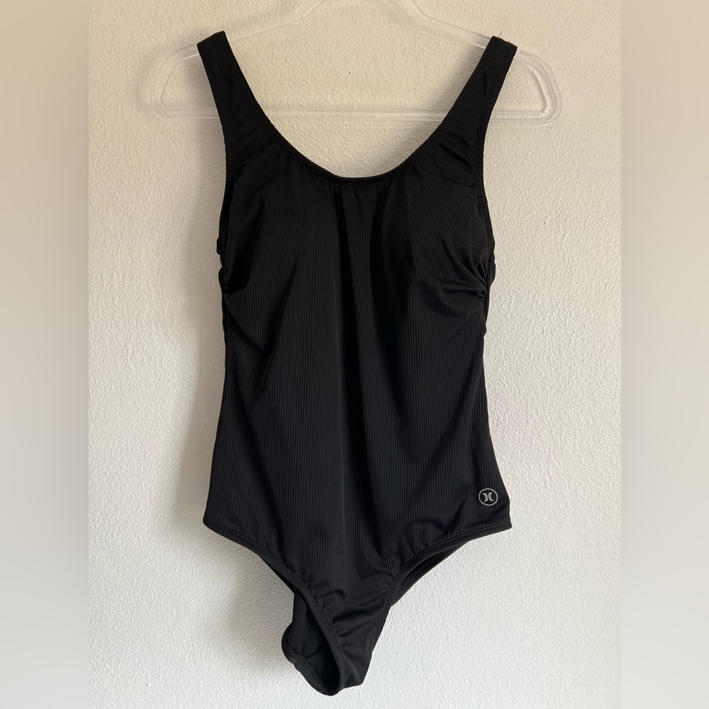 Hurley One Piece High Leg Ribbed‎ Black Swimsuit Size Large